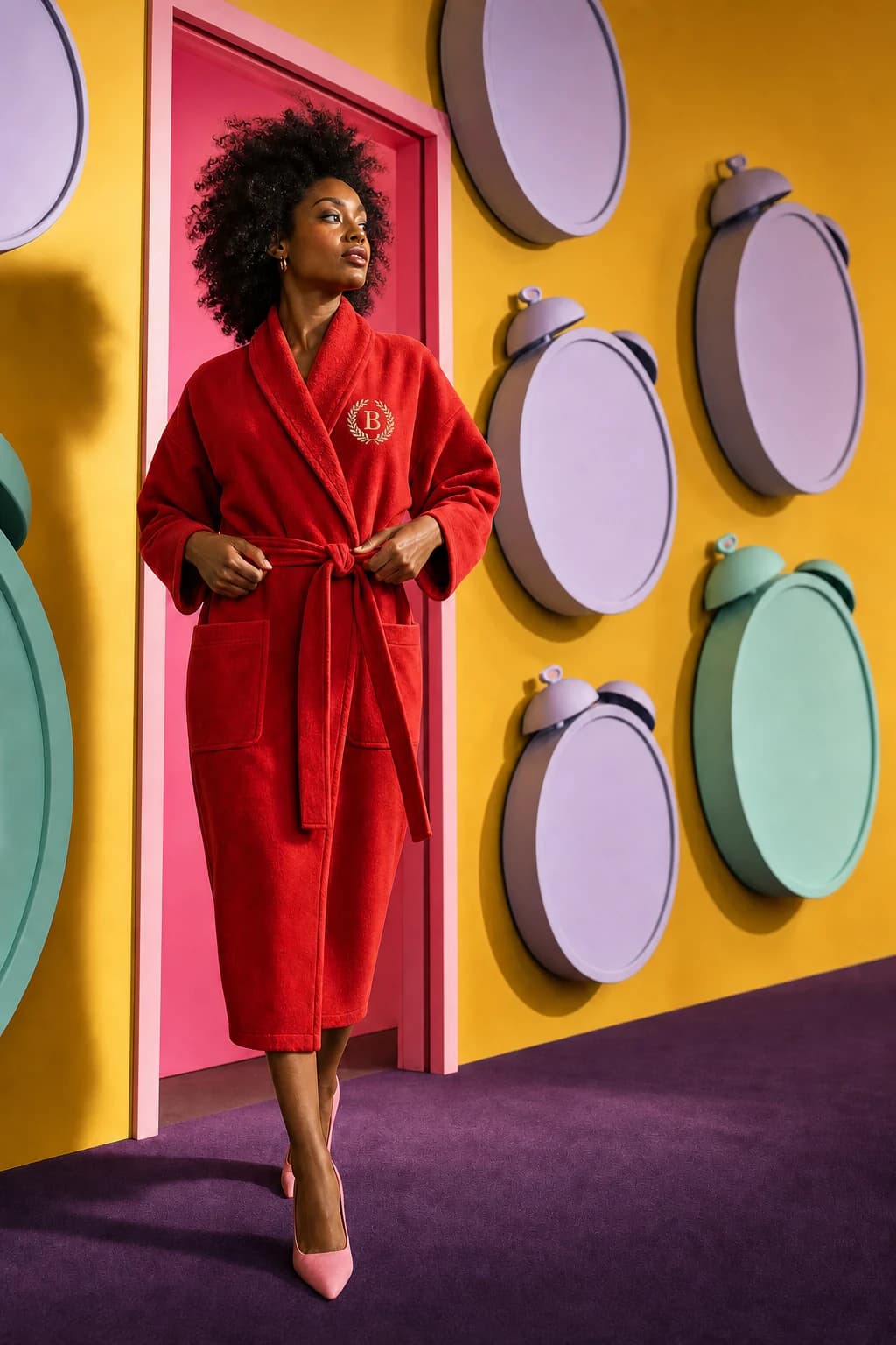 A woman fastens the red 9:03 Emergency robe in a yellow corridor of blank alarm-clock shapes.