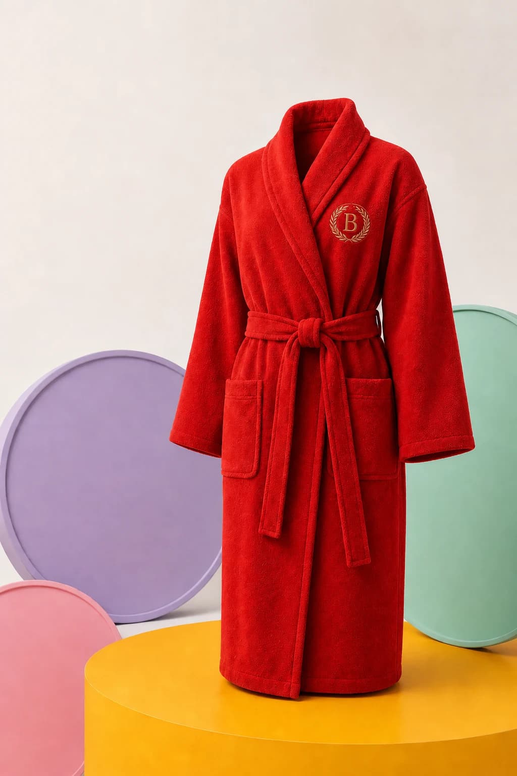 Deadline Red terry robe displayed on a yellow platform with blank lilac, mint, and pink circles.