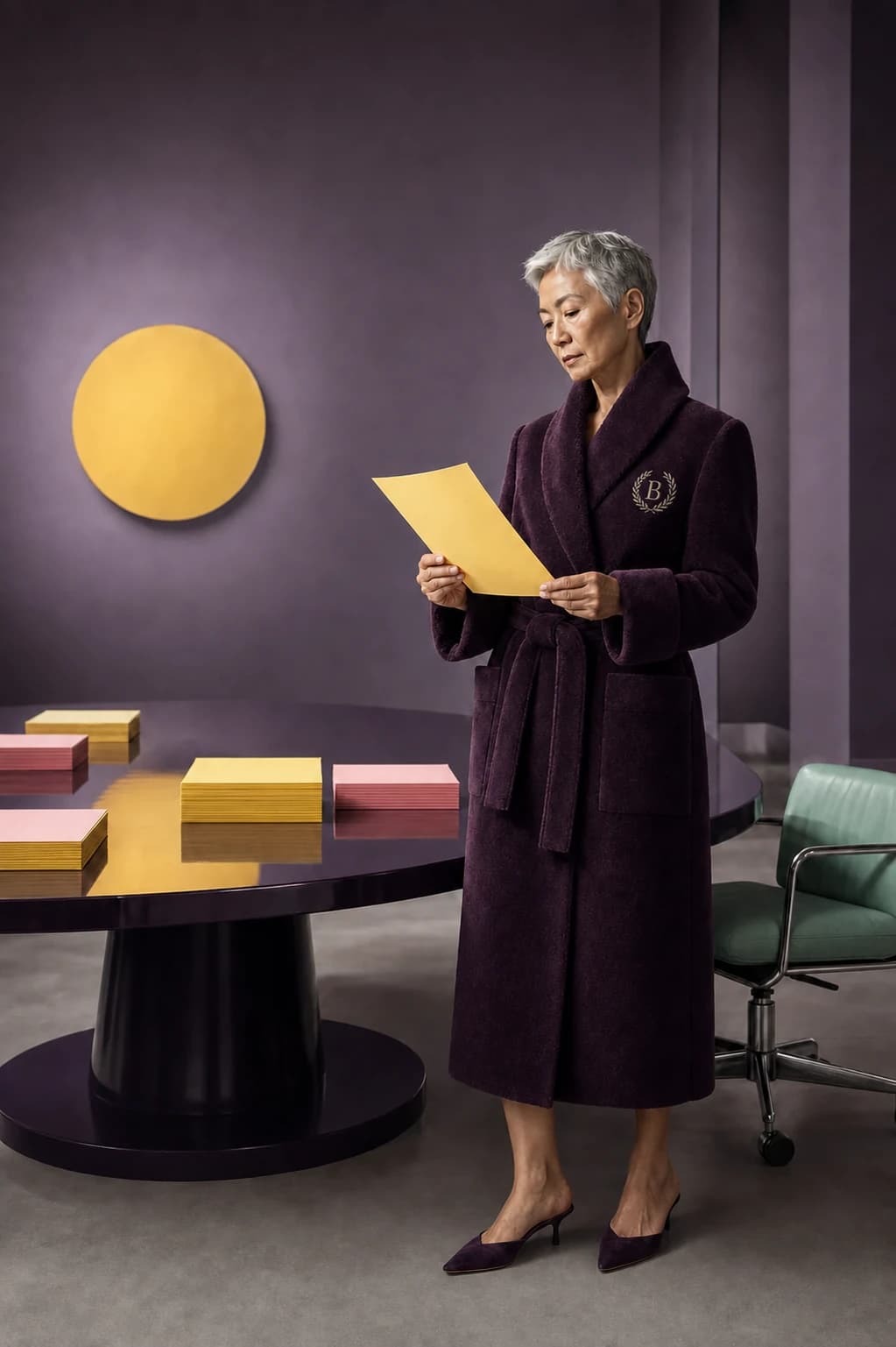 An older woman in the aubergine Boardroom Terry reviews a blank yellow sheet at a monumental table.