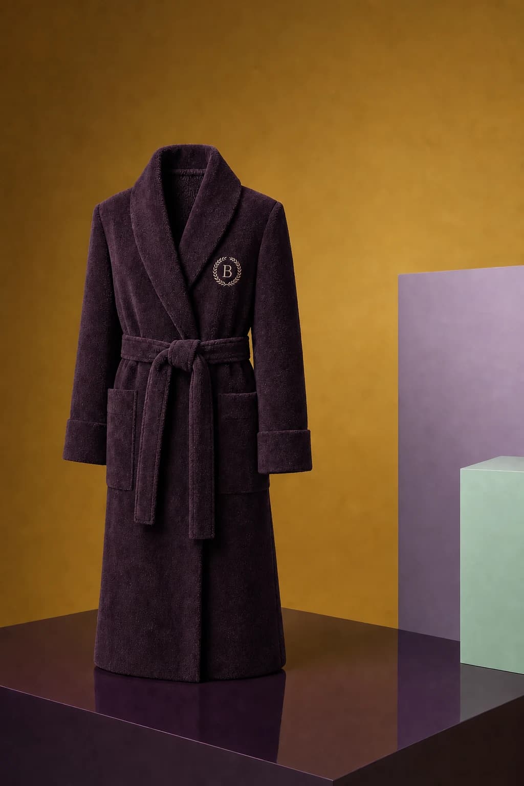 Aubergine Minutes terry robe displayed on a glossy plinth against a warm yellow set.