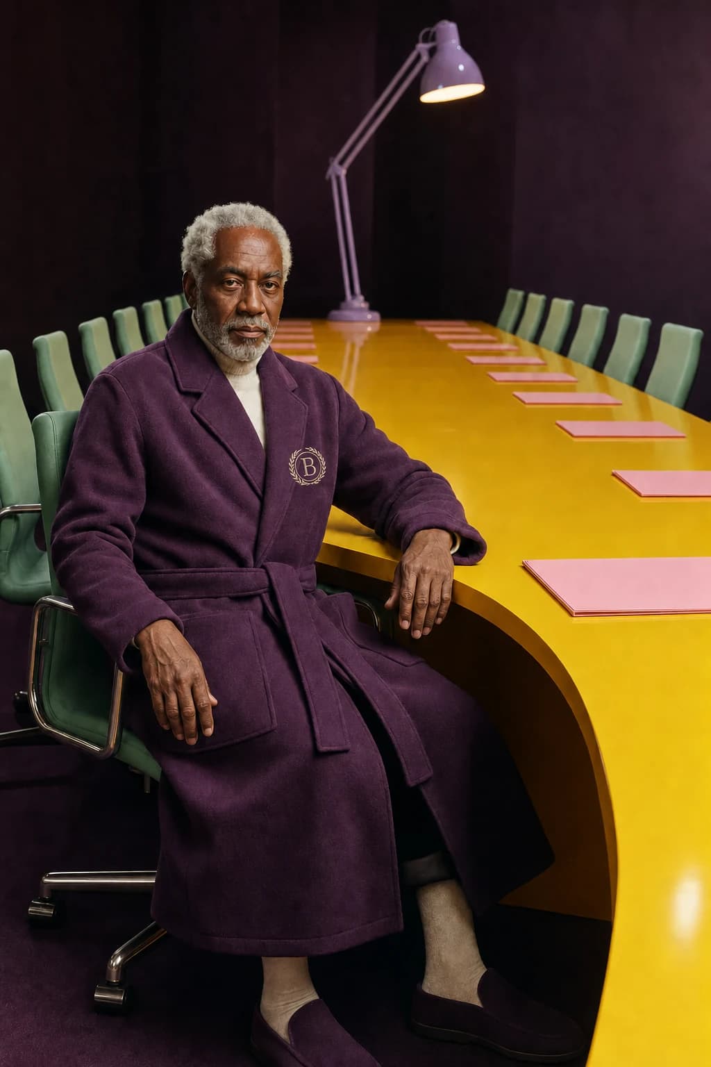 An older man in the plum Chief Comfort Officer sits at the head of a long yellow conference table.