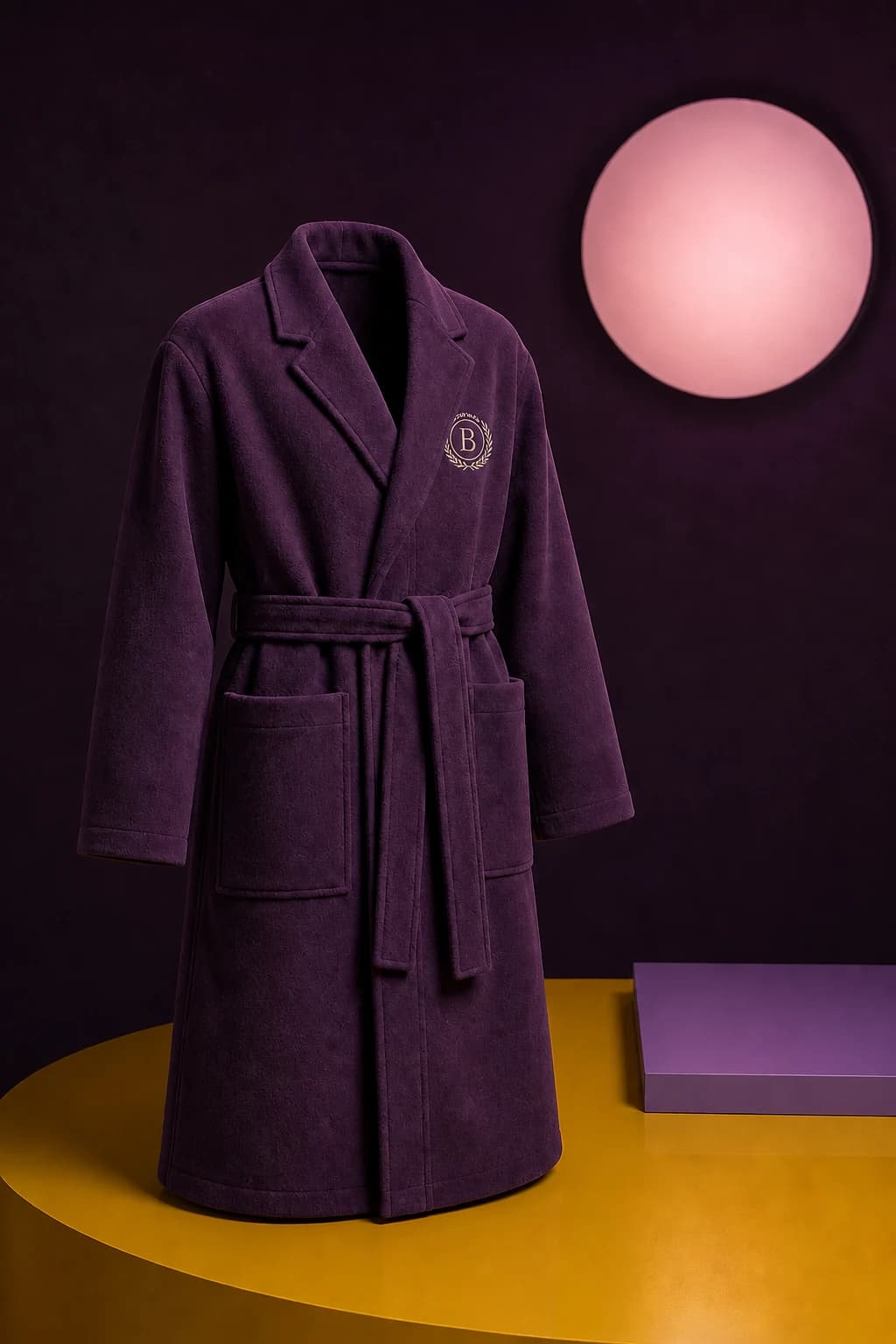 Promotion Plum fleece Chief Comfort Officer robe on a yellow plinth beneath a pink circular light.