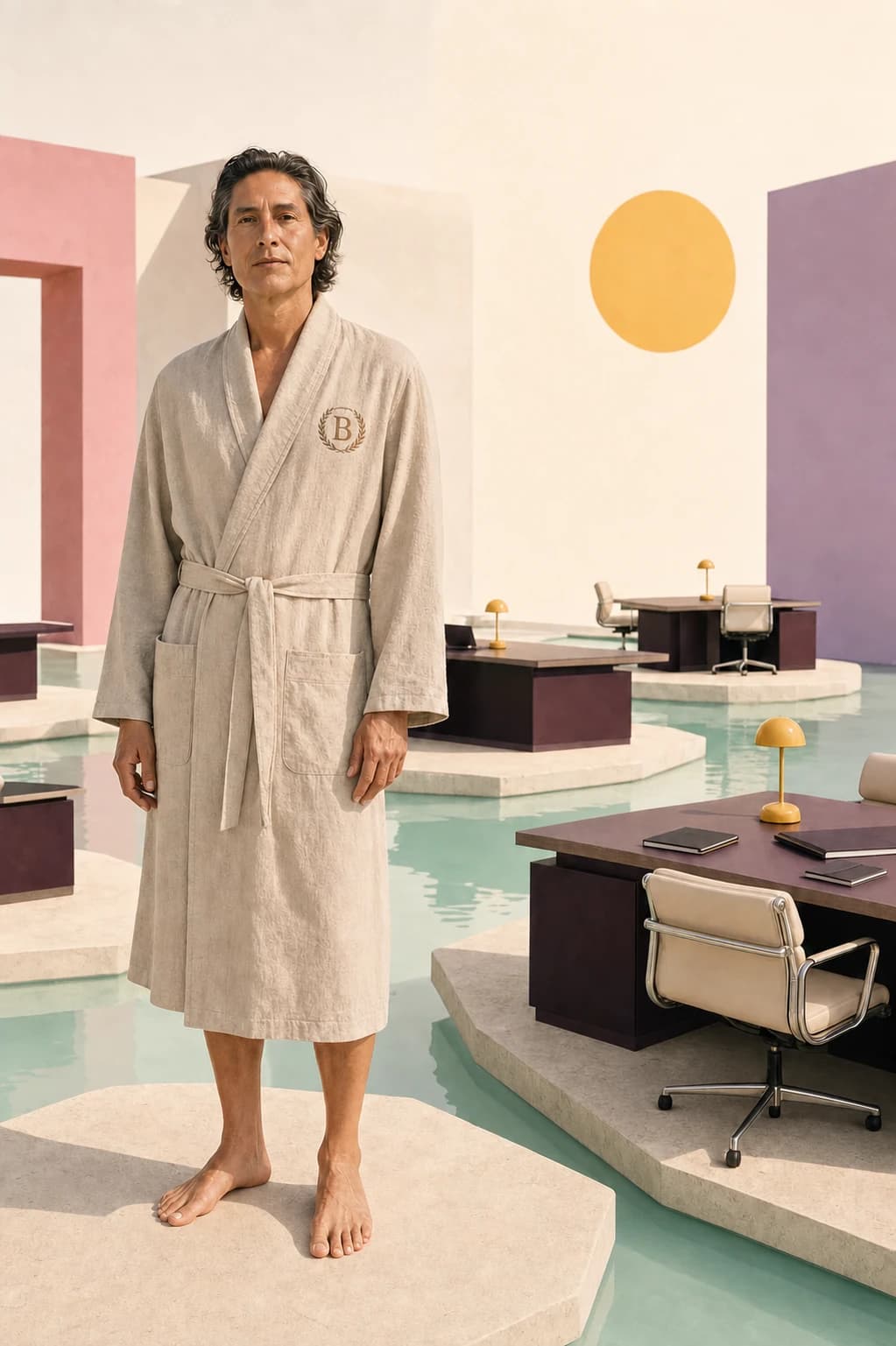 A barefoot model in the sand Executive Away Message stands among desk islands in a mint pool.