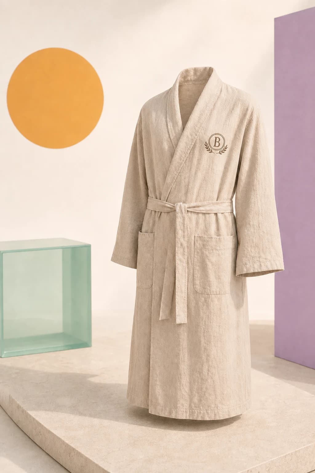 Auto-Reply Sand linen-cotton robe displayed with a mint glass block and yellow sun disc.