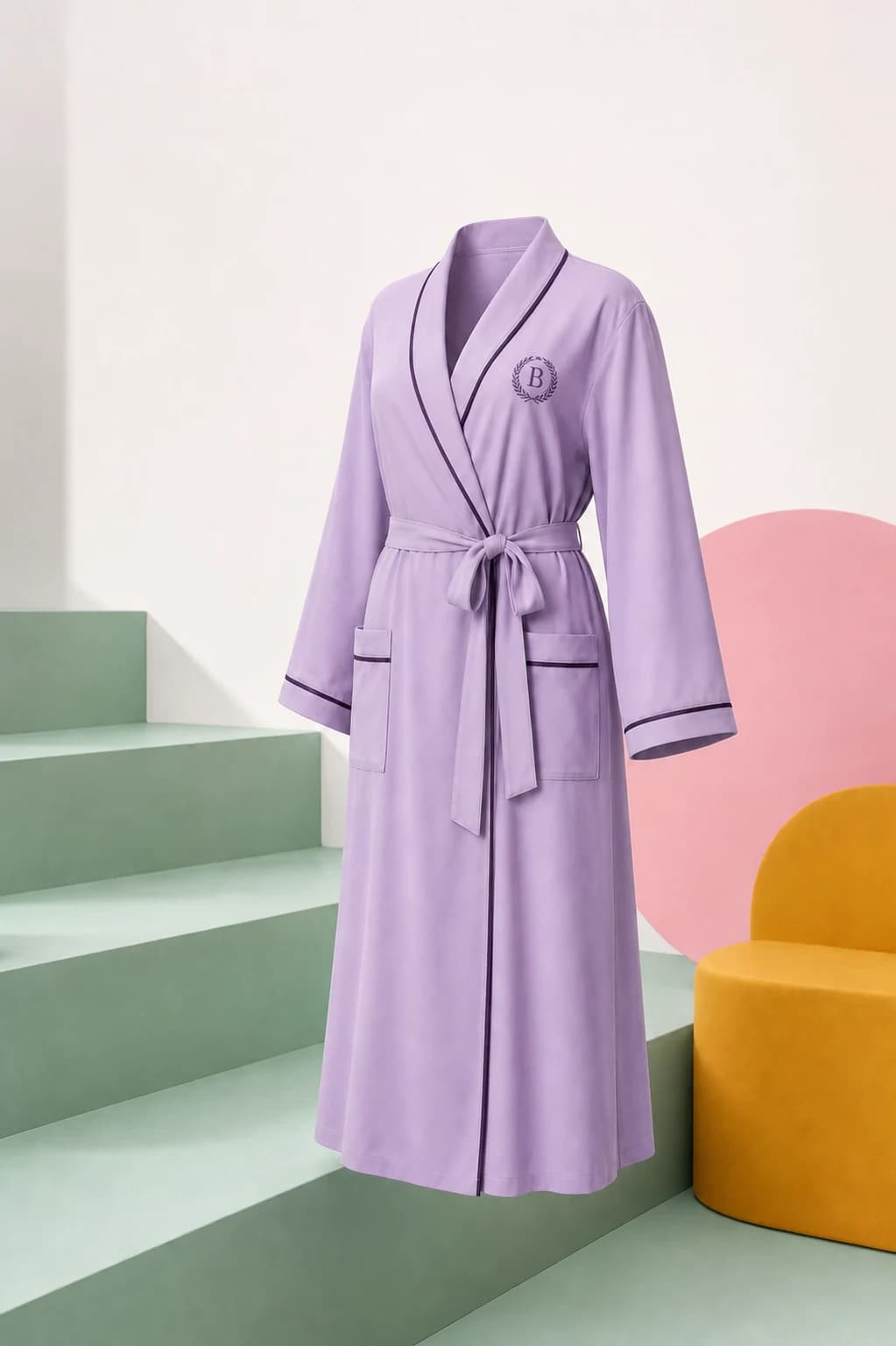 Lobby Lilac wrap robe with aubergine piping displayed above mint studio steps.