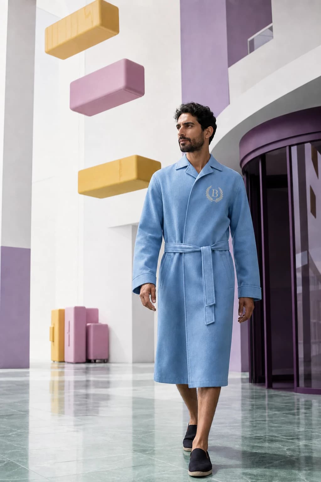 A man in the blue Off-Site Oxford crosses a surreal lobby of floating yellow and pink blocks.