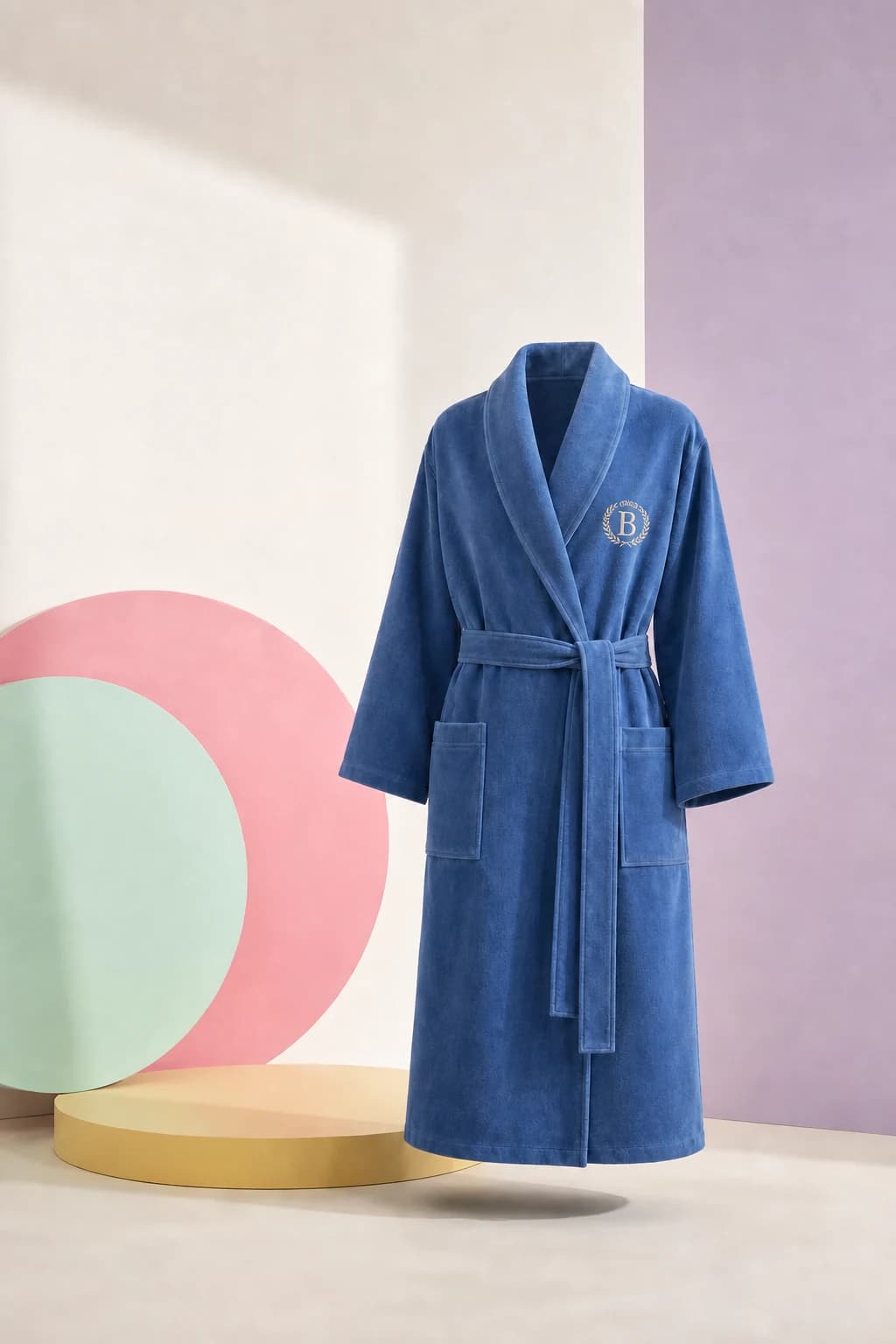 Agenda Blue velour Quarterly Wrap posed with circular chart forms in a pale studio.